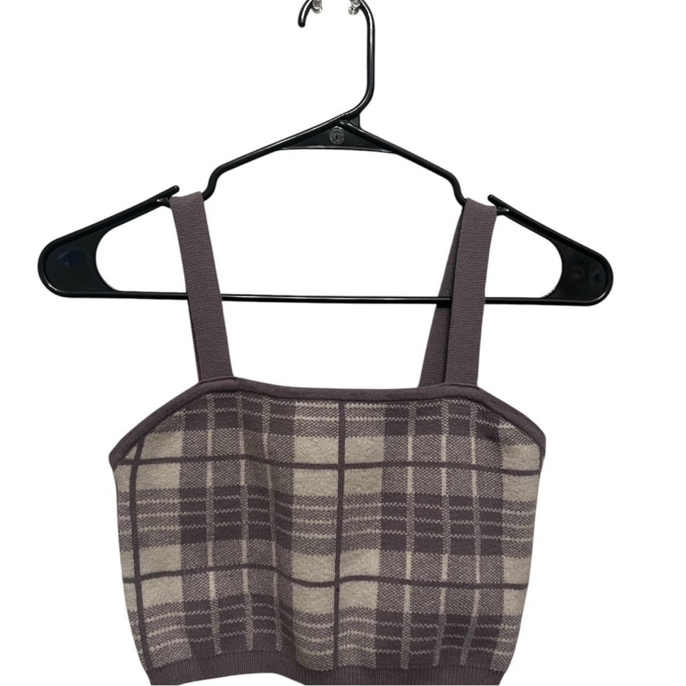 Love Tree‎ Purple Plaid Knit Crop Top Square Neck